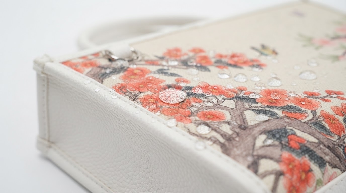 Water droplets on the coated Minhwa fabric, shown on the white tote
